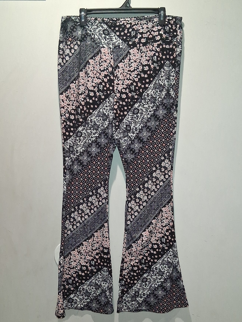 Women's Floral Patchwork Flared Pants- Black & Pink